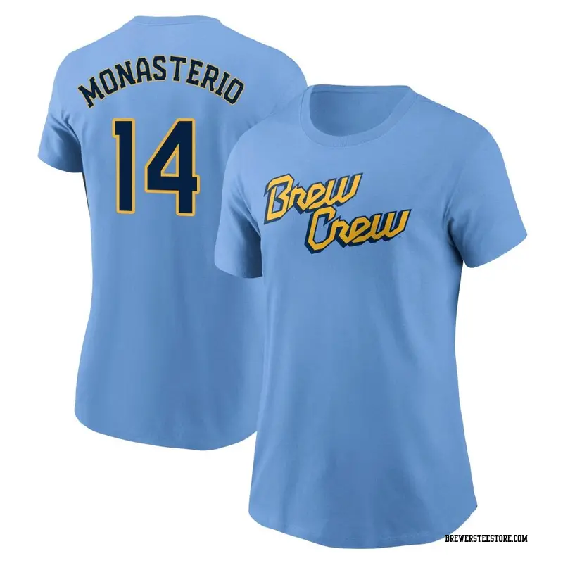 Women's Milwaukee Brewers ＃14 Andruw Monasterio Blue Powder 2022 City Connect Name & Number T-Shirt