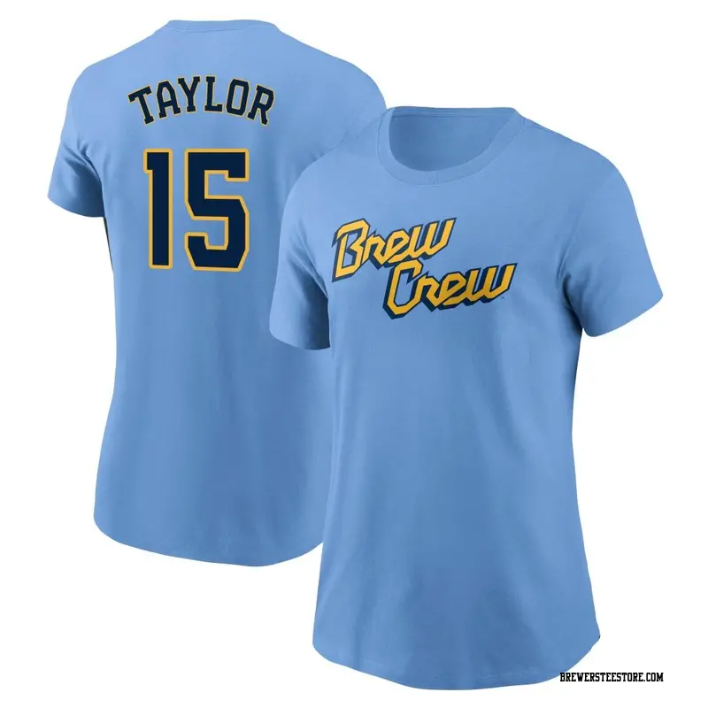 Women's Milwaukee Brewers ＃15 Tyrone Taylor Blue Powder 2022 City Connect  Name & Number T-Shirt - Brewers Store