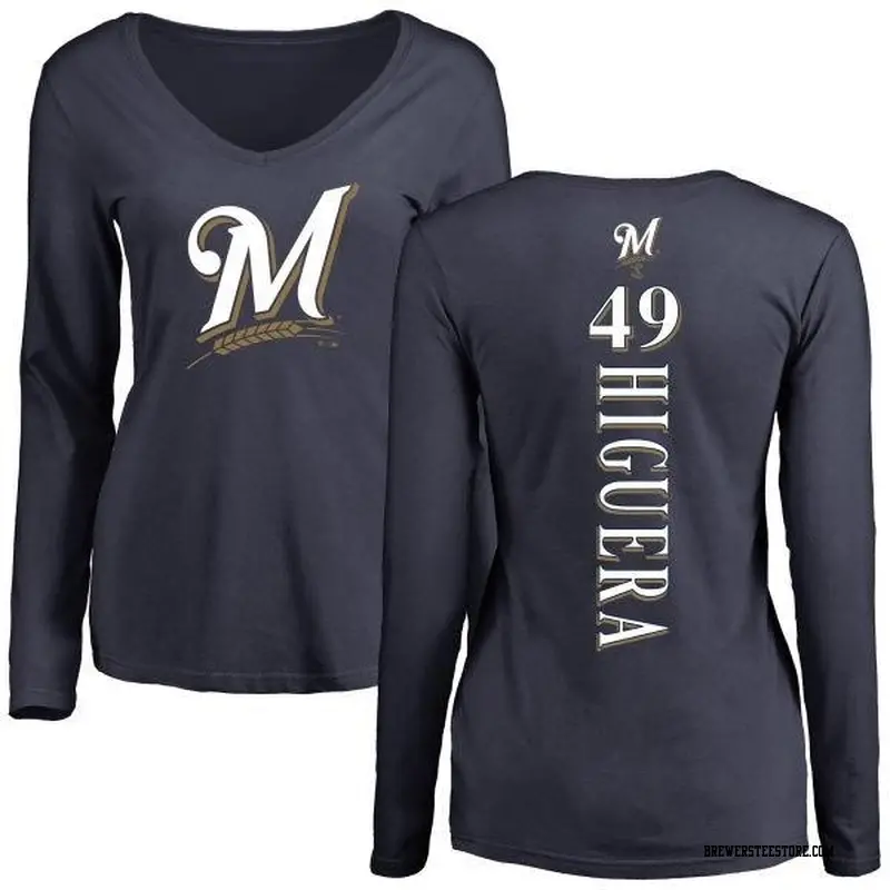 Women's Milwaukee Brewers ＃49 Teddy Higuera Navy Backer Slim Fit Long Sleeve T-Shirt