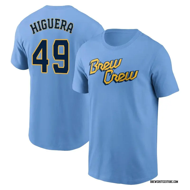 Youth Milwaukee Brewers ＃49 Teddy Higuera Blue Powder 2022 City Connect Name & Number T-Shirt